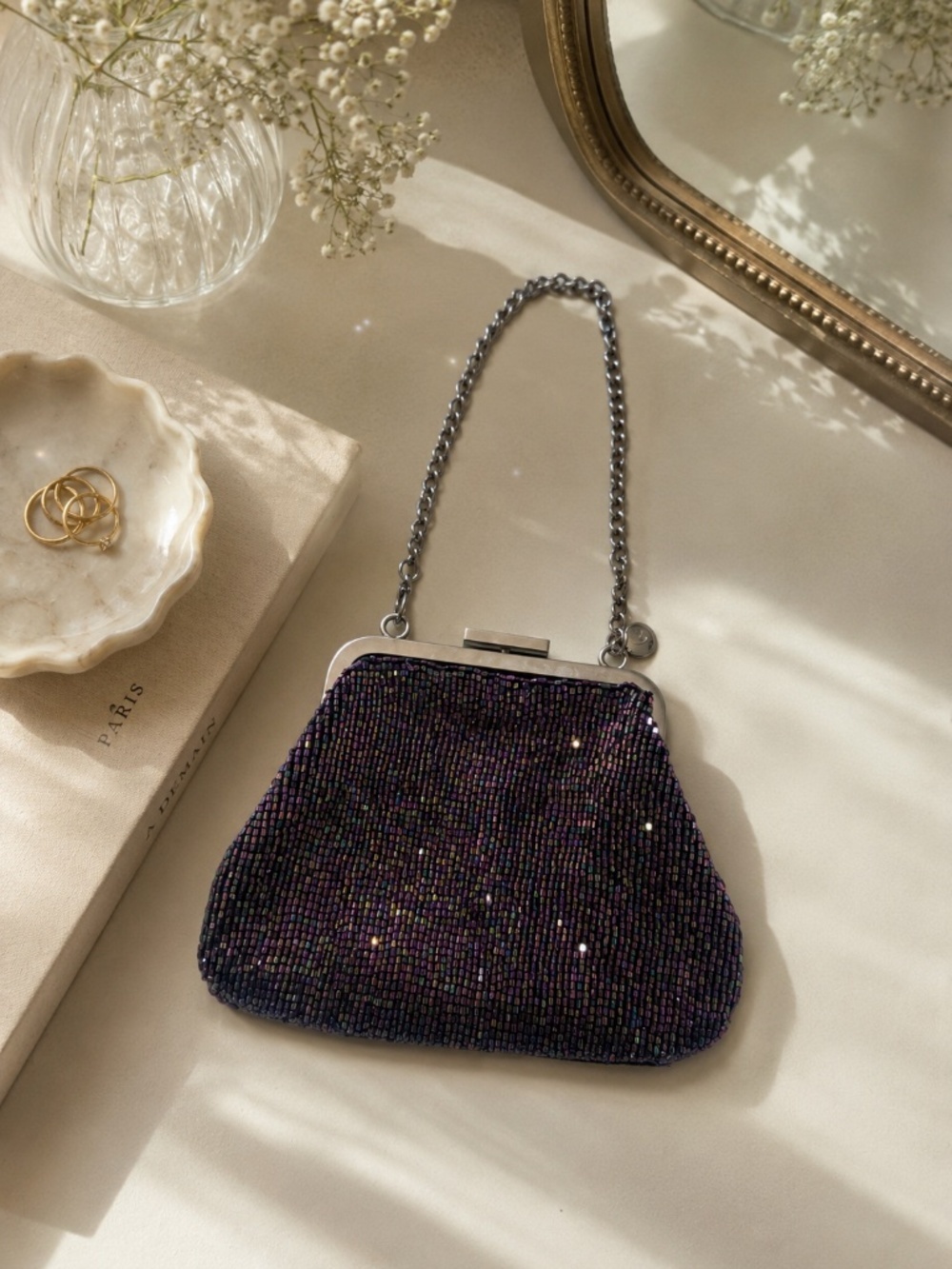 LIZ CLAIBORNE | Vintage velvet beaded mini clutch in prune tone